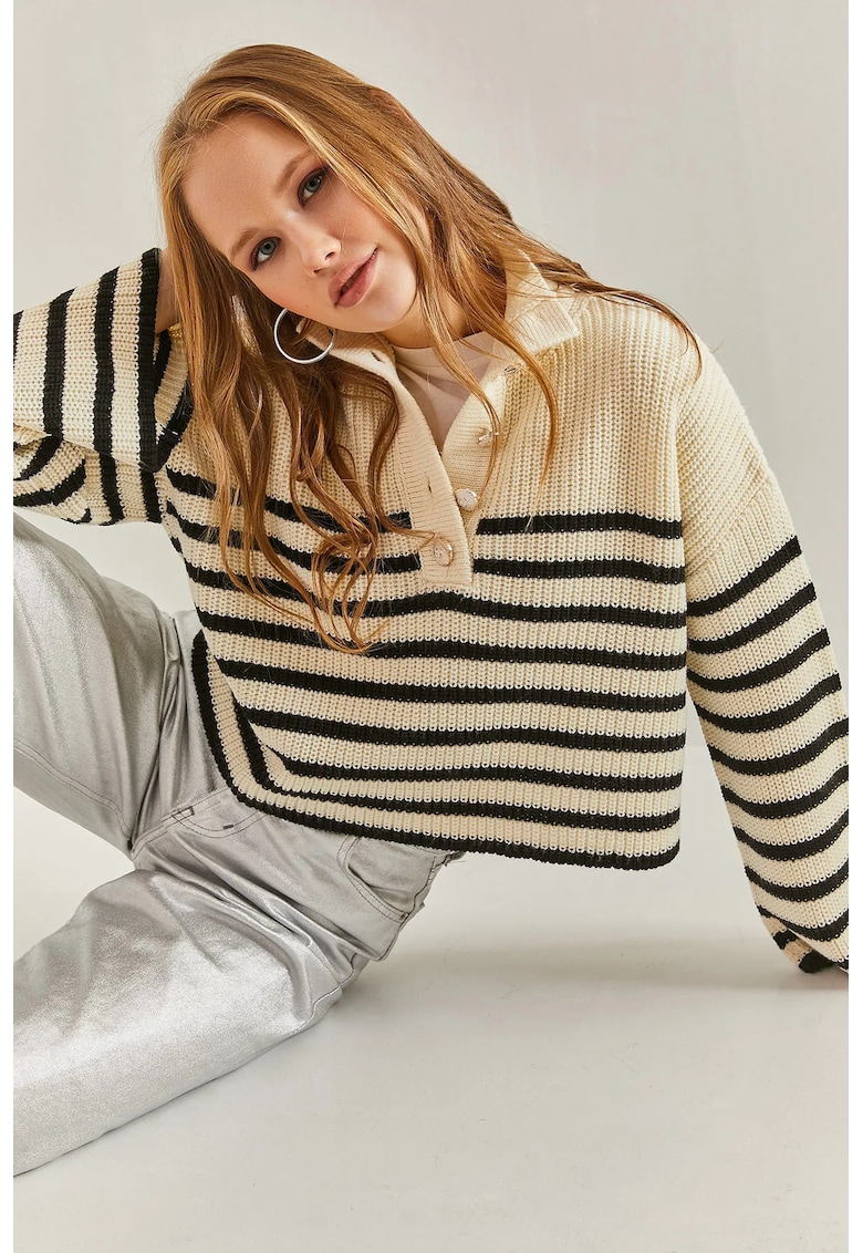 Pulover scurt - cu guler drept - dungi - crem - negru - tricot -