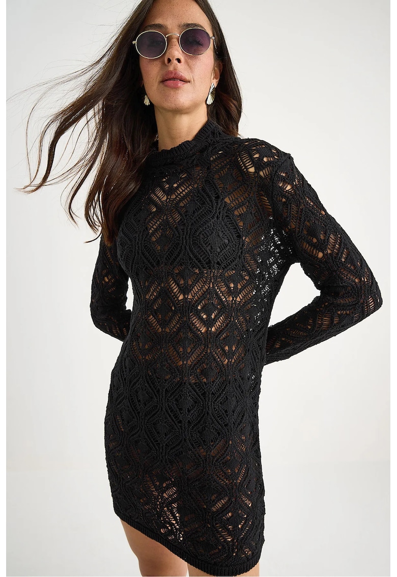 Rochie mini - dantela texturata - guler inalt - negru - acril -