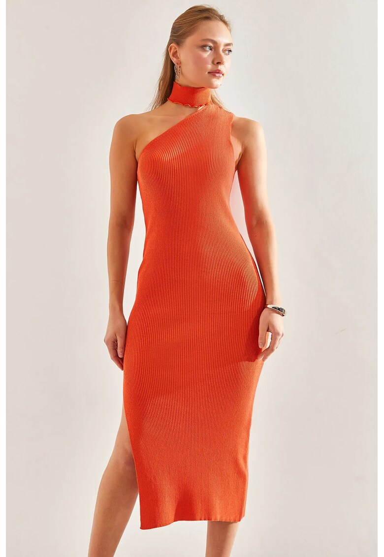 Rochie midi tricotata guler inalt - decupaje elegante - portocalie - viscoza -