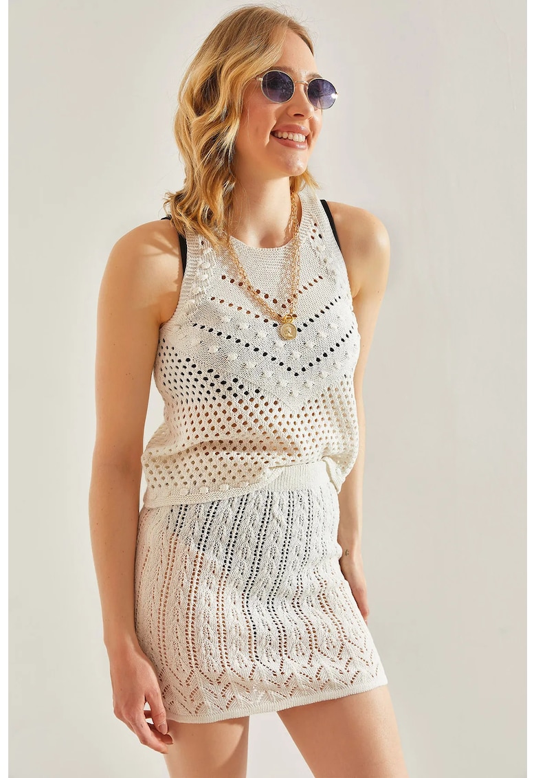 Fusta mini tricotata - slim fit - dantela delicata - bej - bumbac/poliester/viscoza -