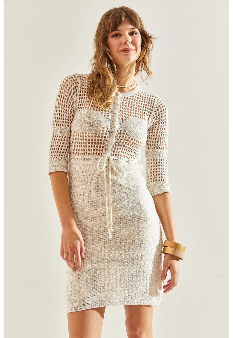 Rochie mini mulata cu funda si dantela - bej - bumbac -