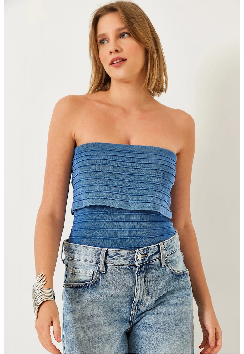 Top scurt texturat fara bretele bumbac - albastru -