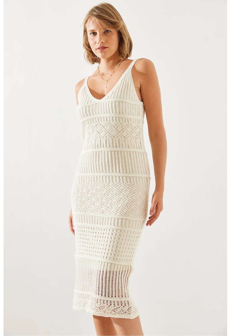 Rochie midi tricotata - decolteu in V - texturata - bej - tricot - Rochie midi tricotata - decolteu in V - texturata - bej - tricot -