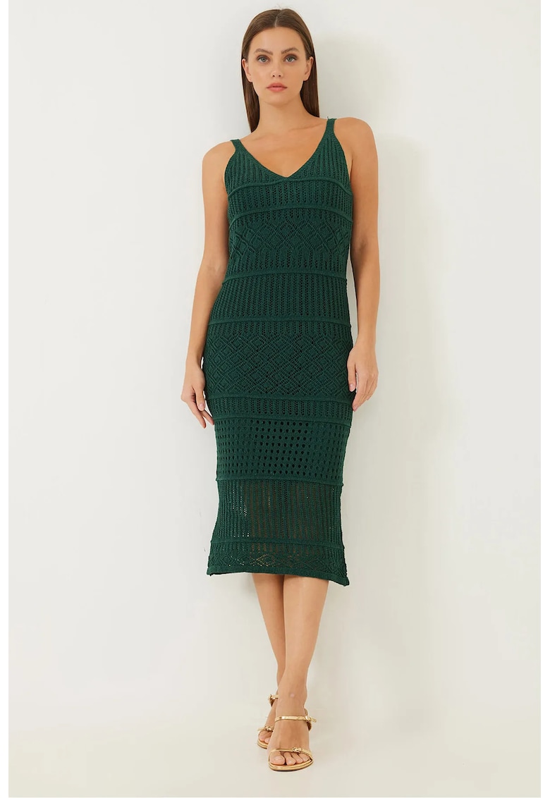 Rochie midi tricotata  texturata - decolteu in V - verde - material confortabil -