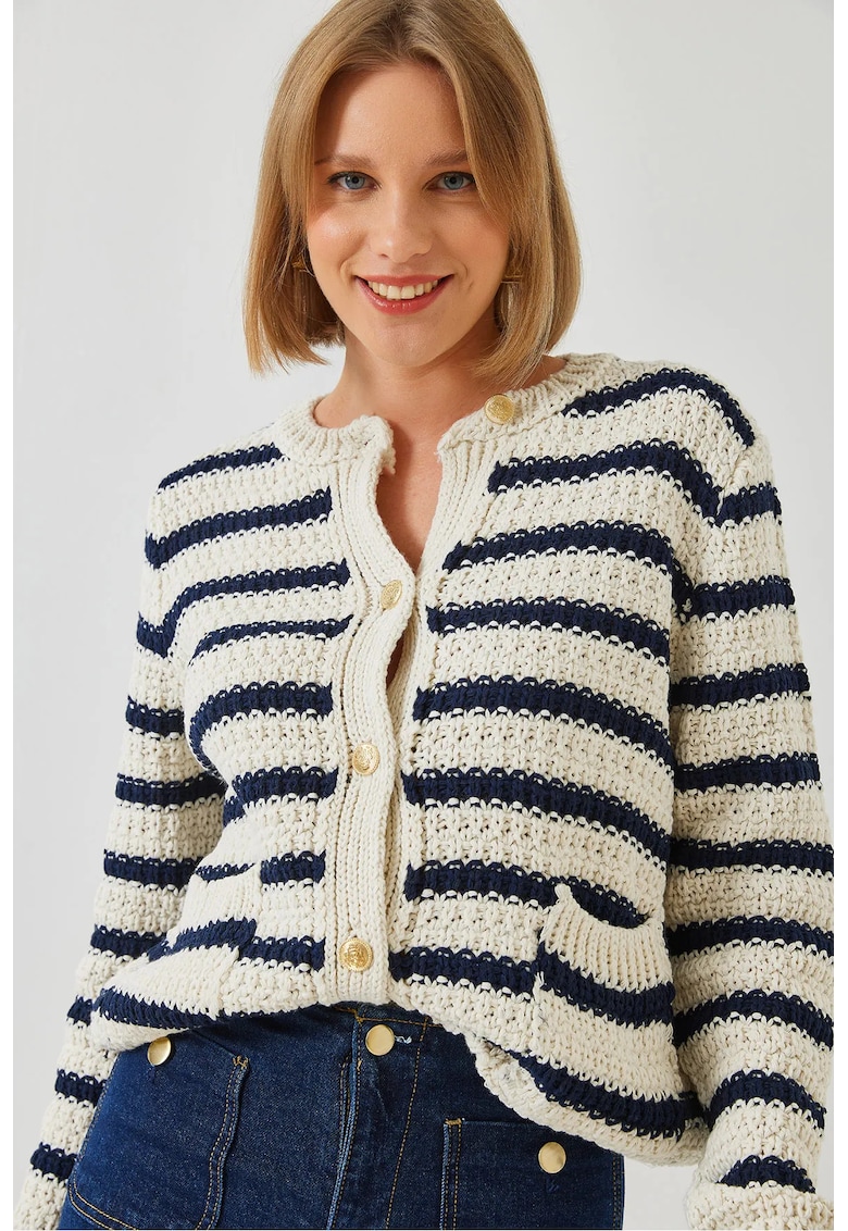 Cardigan dama -  tricotat - cu dungi si nasturi - albastru -