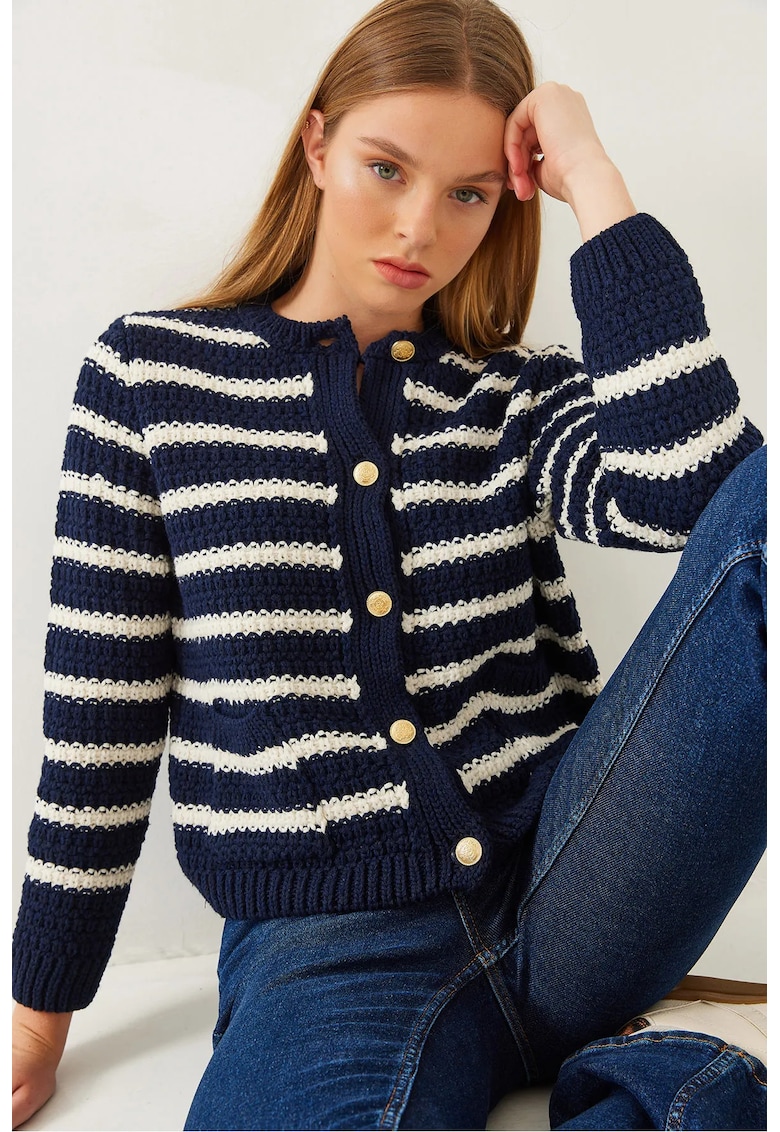 Cardigan dama - tricotat - cu dungi si nasturi - albastru - Cardigan dama - tricotat - cu dungi si nasturi - albastru -