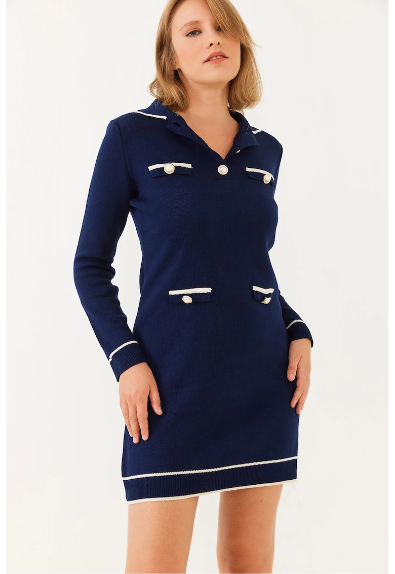 Rochie tricotata - nervuri - guler camasa - albastra - tricot -