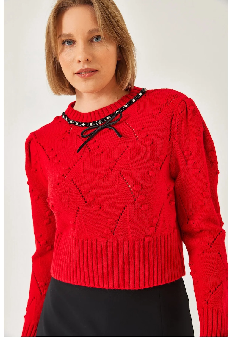 Pulover dama -  mulat cu guler rotund si broderie texturata - rosu - tricot -