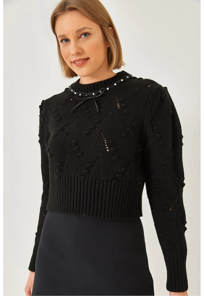 Pulover -  mulat - brodat - negru - tricot -