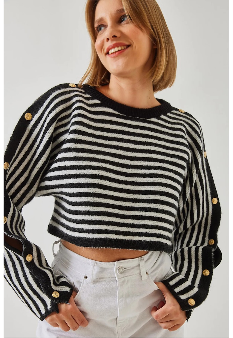 Pulover scurt cu dungi nasturi - negru - tricot -