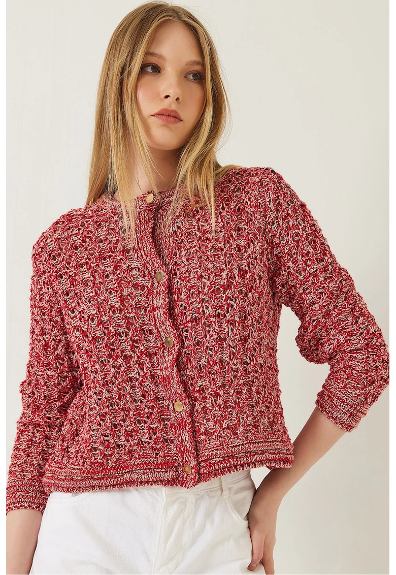 Cardigan texturat inchidere cu nasturi - rosu - tricot -