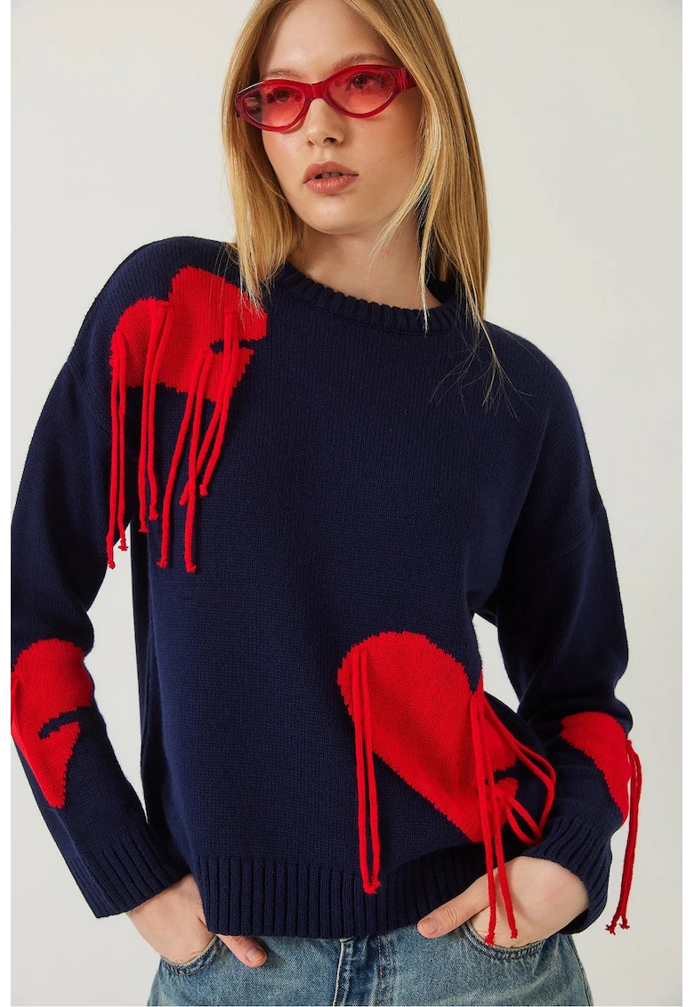 Pulover dama cu guler rotund - albastru - tricot -