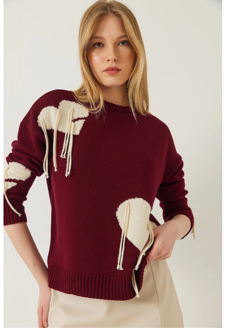 Pulover dama - cu guler rotund - rosu - tricot -