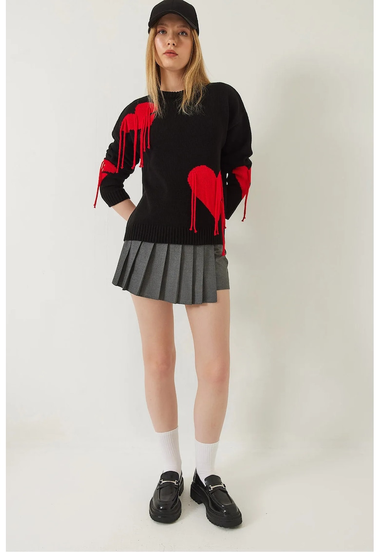 Pulover dama - cu guler rotund - negru - tricot -