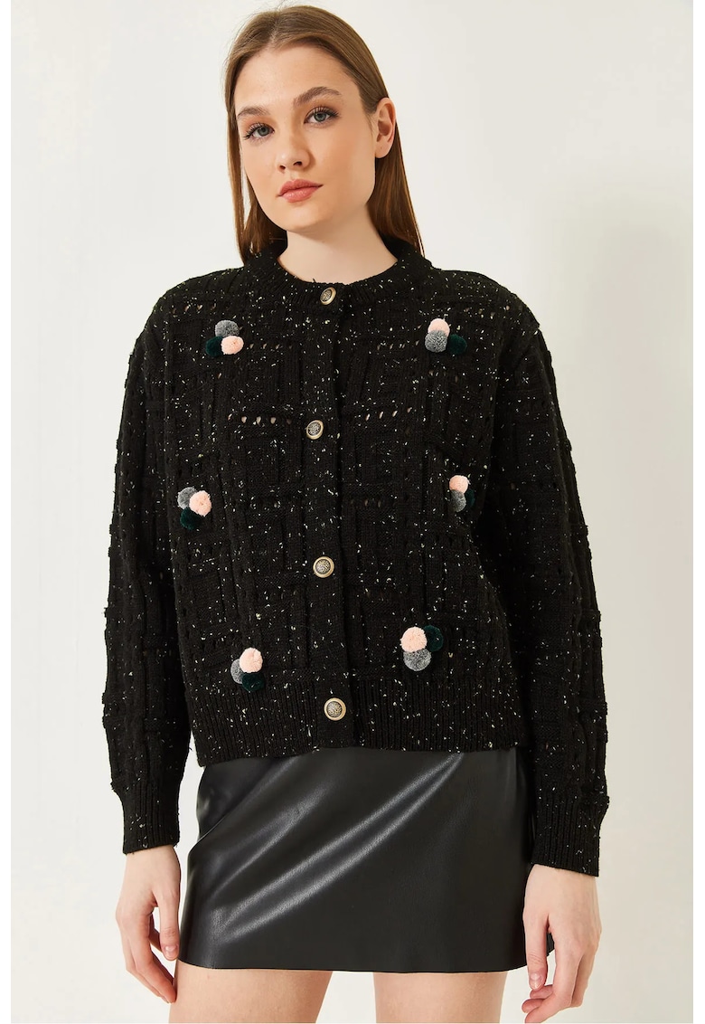 Cardigan tricotat texturat  negru - material acrilic - maneca lunga -