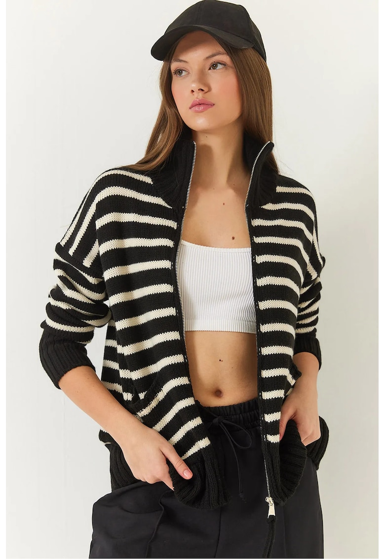 Cardigan tricotat cu dungi - cu fermoar - tricot - Multicolor -