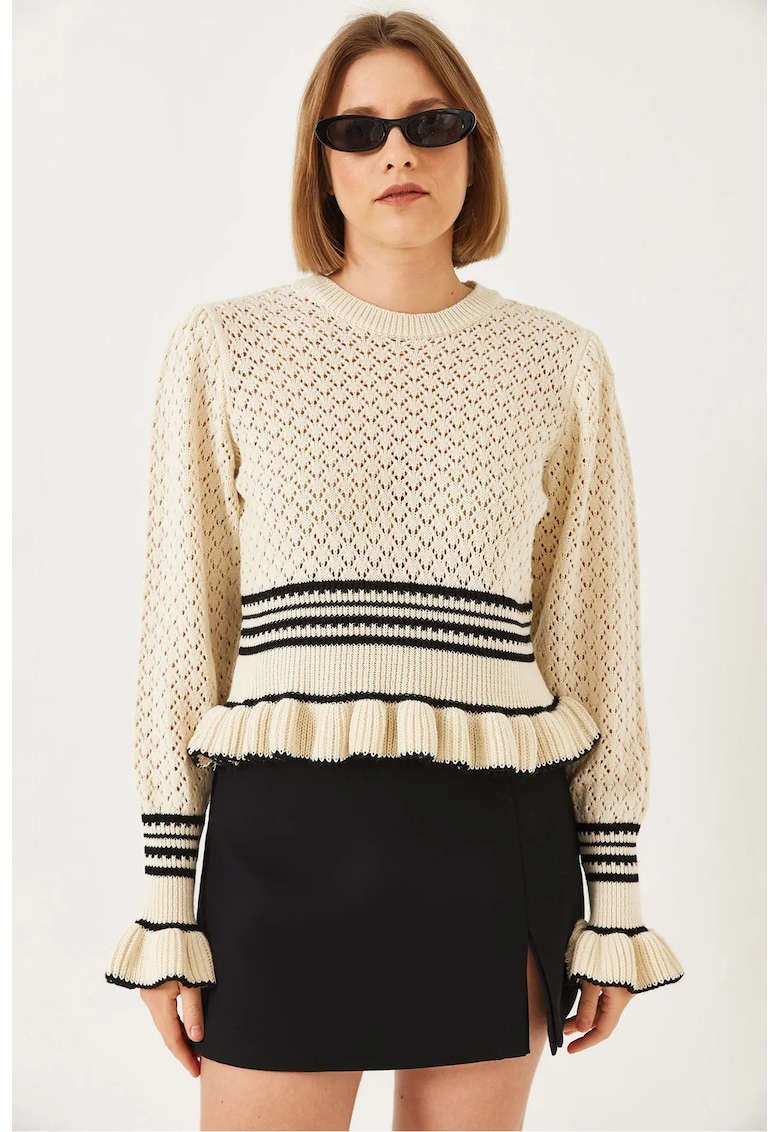 Pulover scurt - guler rotund - acril - crem/negru - Pulover scurt - guler rotund - acril - crem/negru -