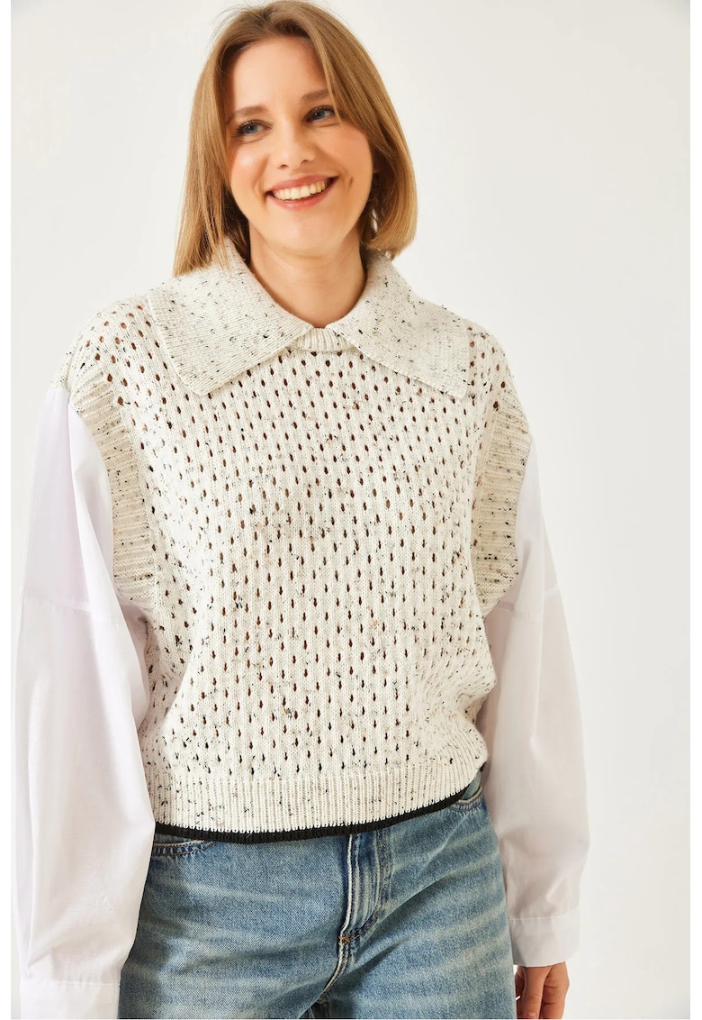Pulover tricotat texturat guler camasa - natural - acril -