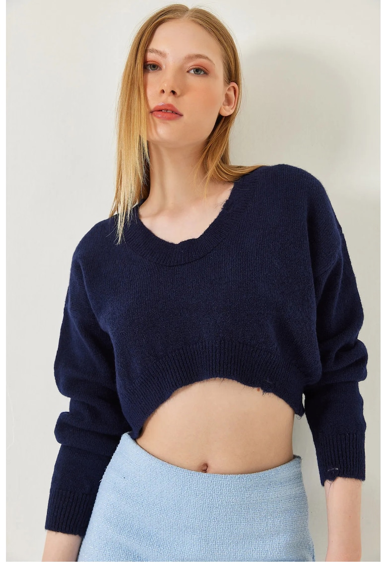 Pulover dama - texturat - decolteu in V - croiala lejera - acril/poliester - albastru -