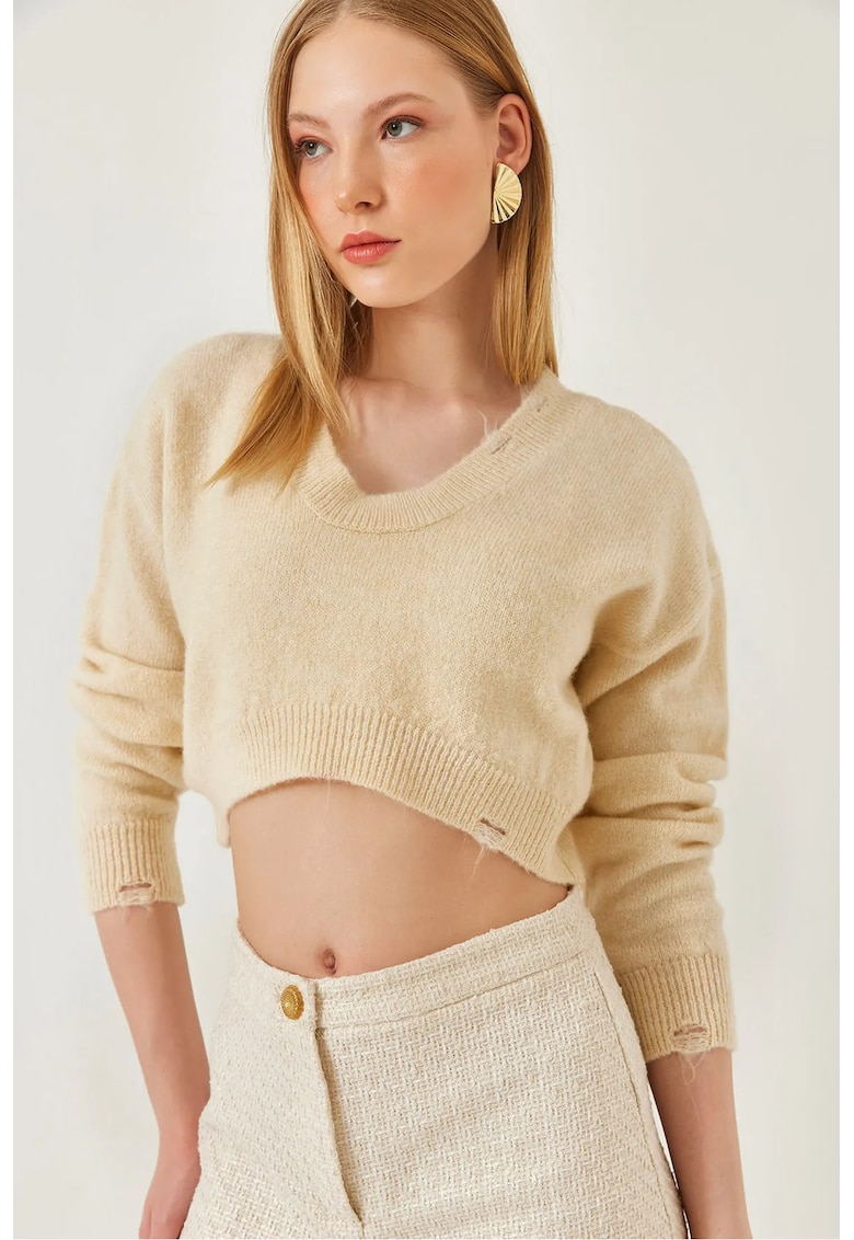 Pulover tricotat -  scurt - texturat - decolteu in V - poliester/acril - bej -