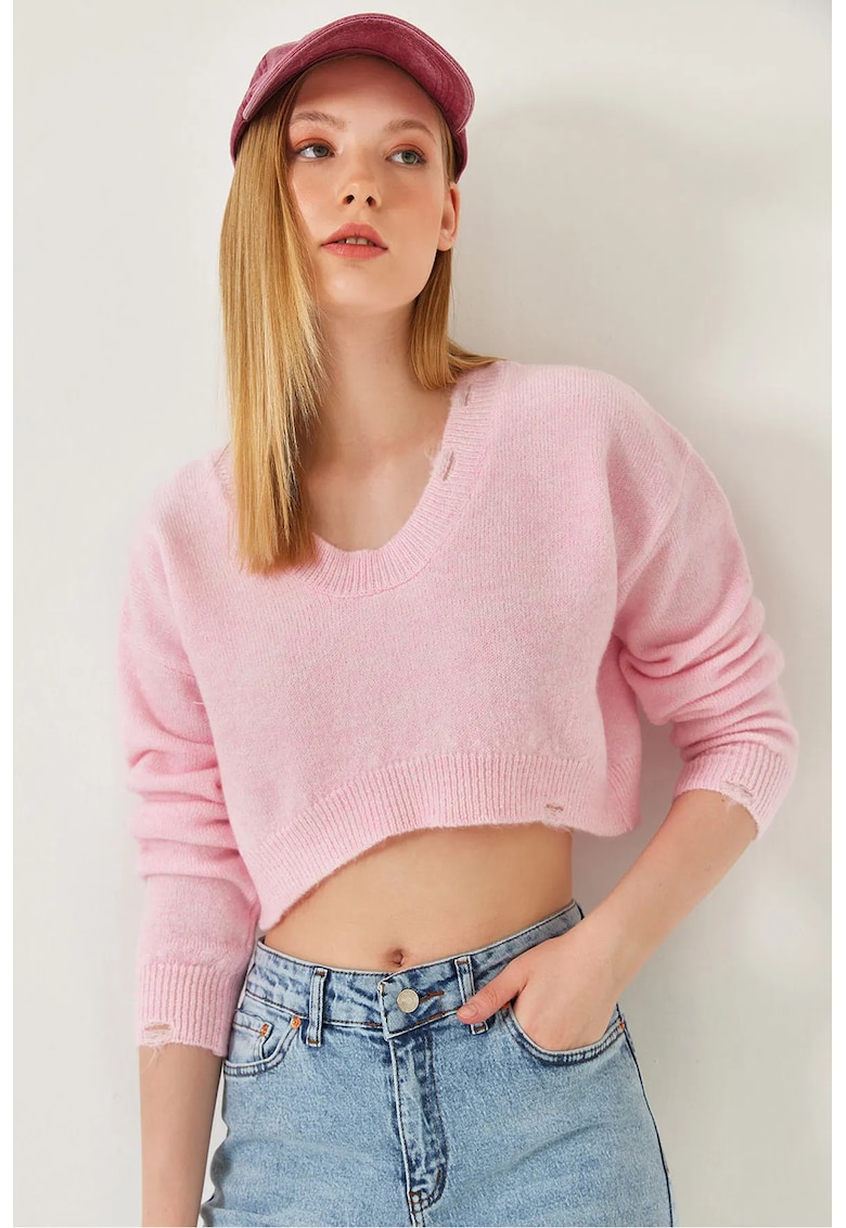 Pulover scurt pentru dama -  croiala lejera - acril/poliester/elastan - roz -