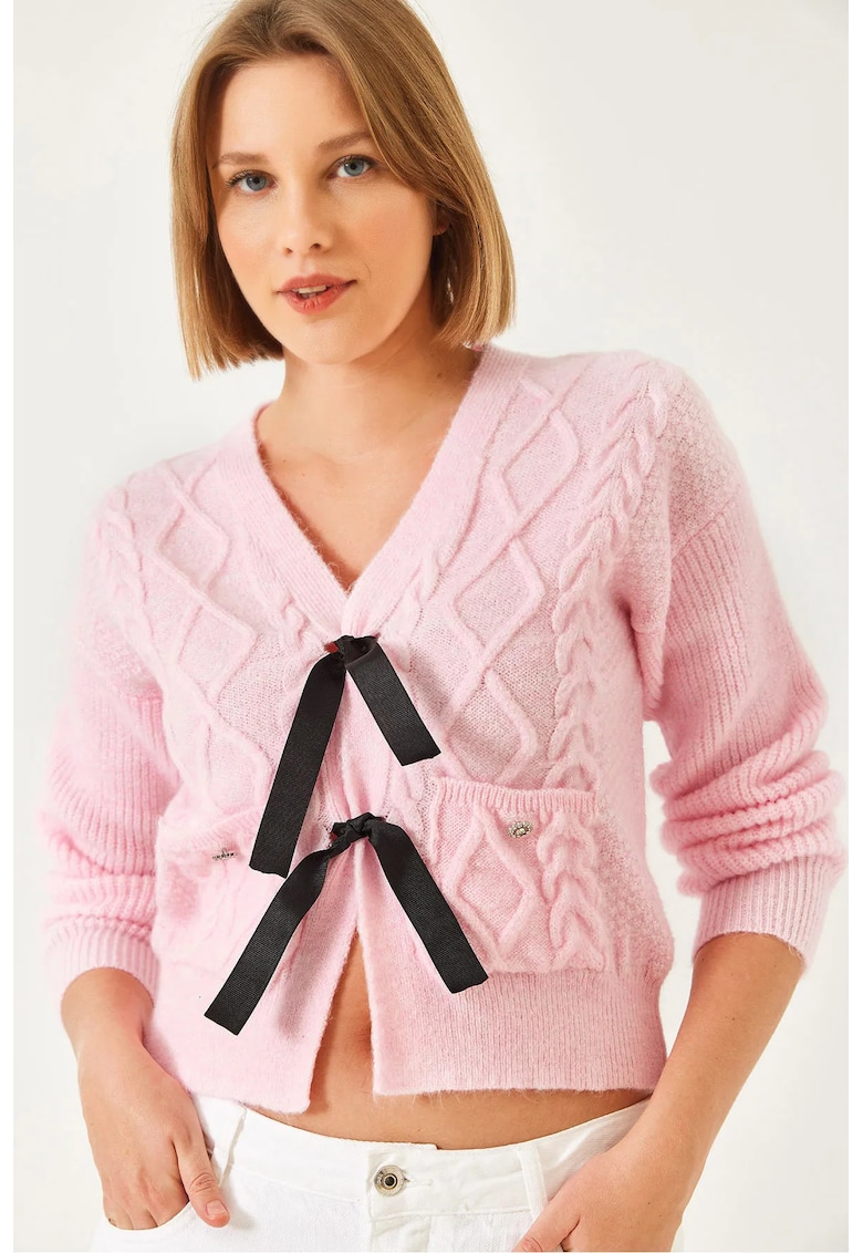 Cardigan scurt - texturat - roz - tricot -