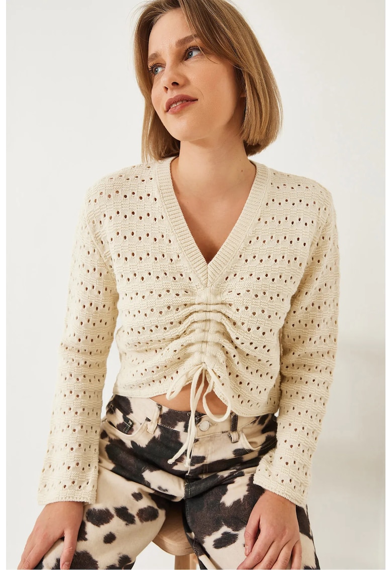 Bluza tricotata - cu decolteu in V - acril - bej -