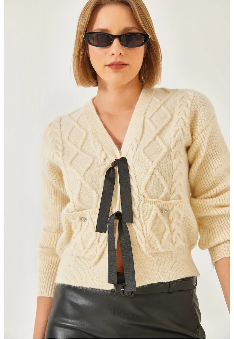 Cardigan scurt - HiCCUP - texturat - decolteu in V - natural - tricot -