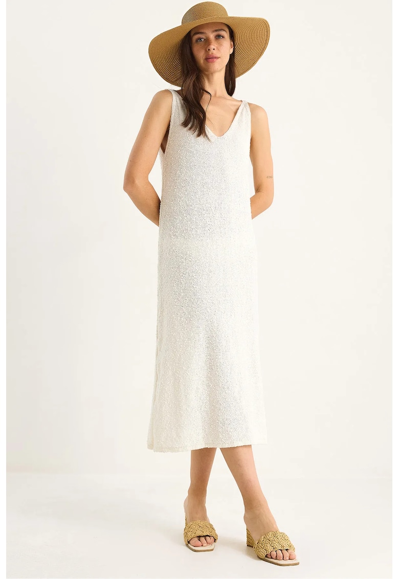 Rochie midi tricotata decolteu in V - texturata - imprimeu la spate - bej - tricot - Rochie midi tricotata decolteu in V - texturata - imprimeu la spate - bej - tricot -
