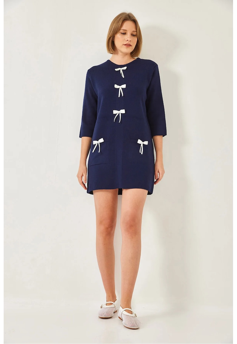 Rochie tricotata - texturata cu funda - tricot - Albastru marin