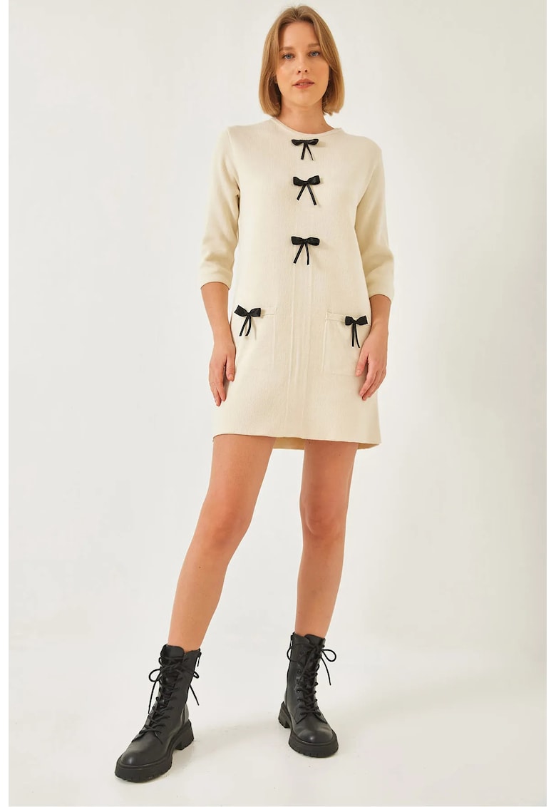 Rochie tricotata - texturata cu funda - bej - tricot -