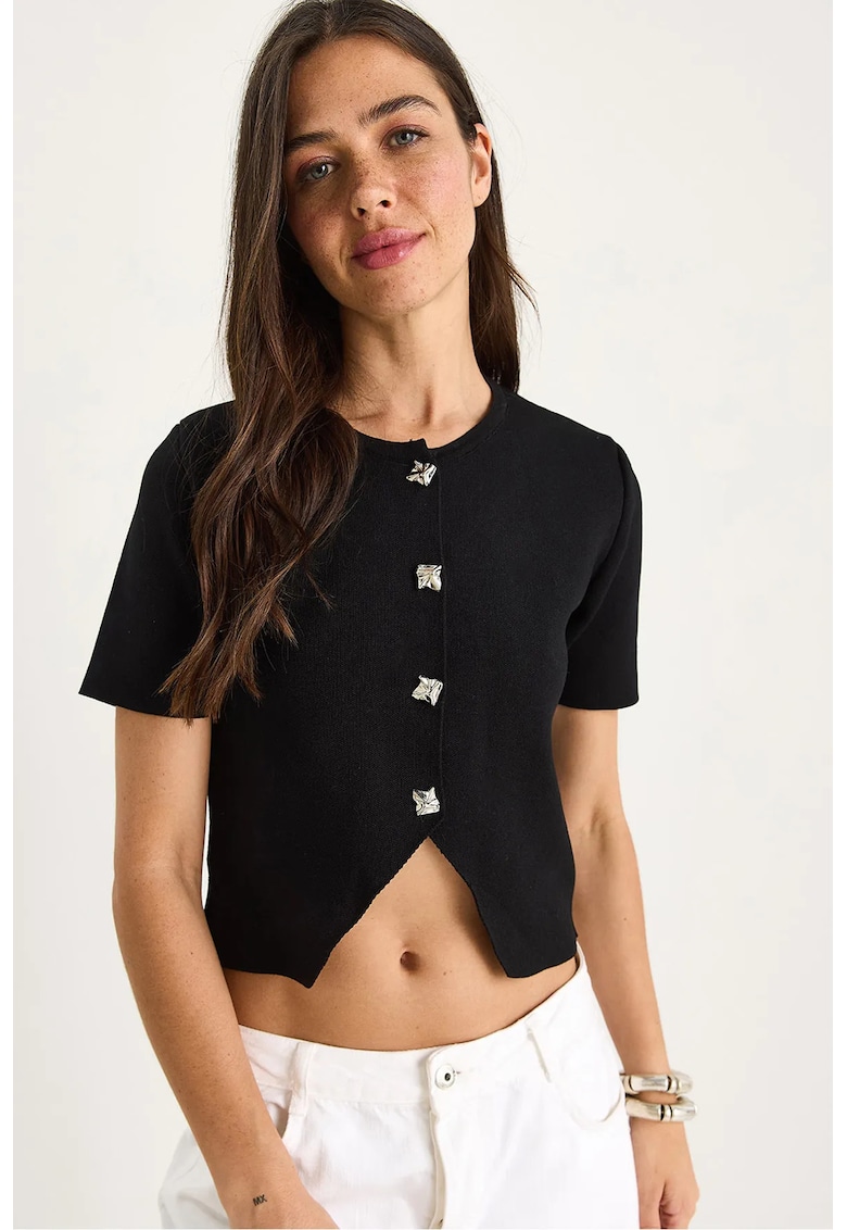 Cardigan scurt tricotat negru - amestec viscoza si poliester - cu guler rotund -