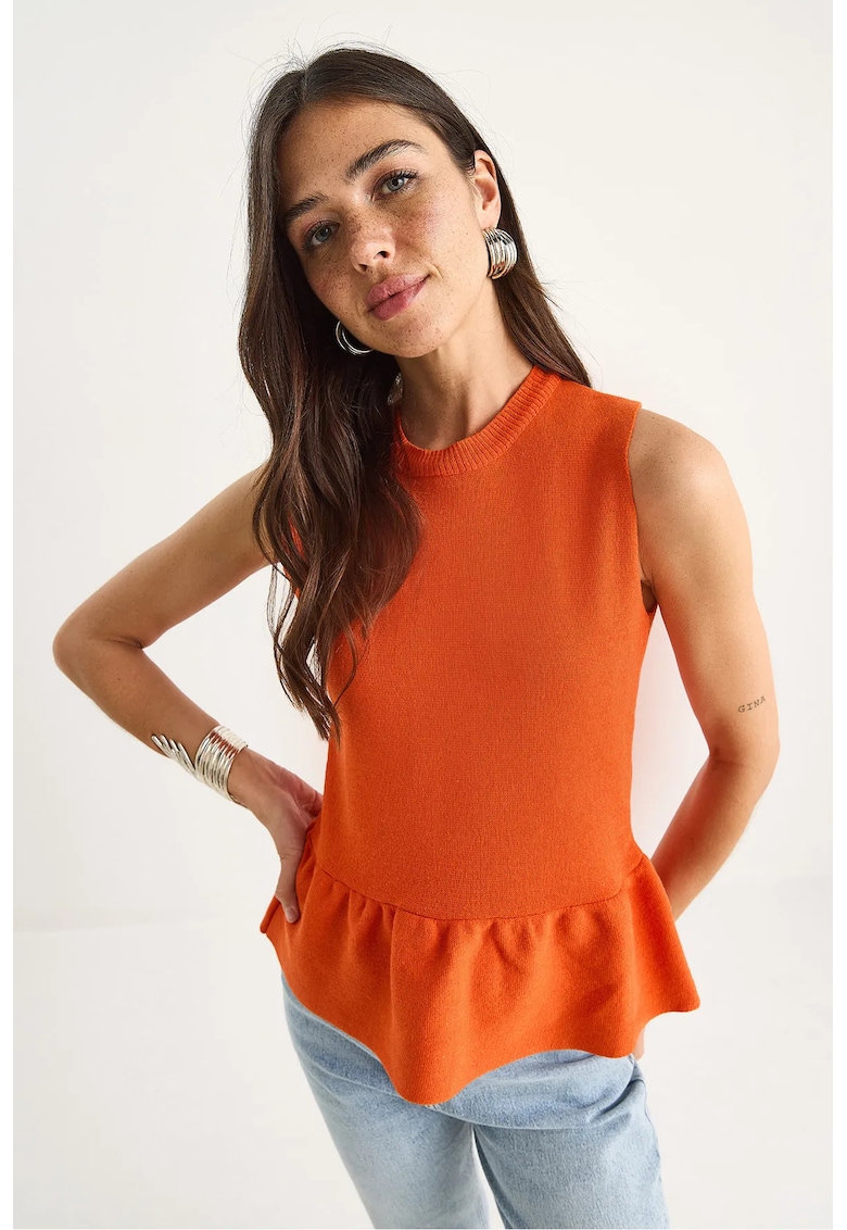 Top tricotat cu guler rotund - bumbac/poliester - portocaliu -