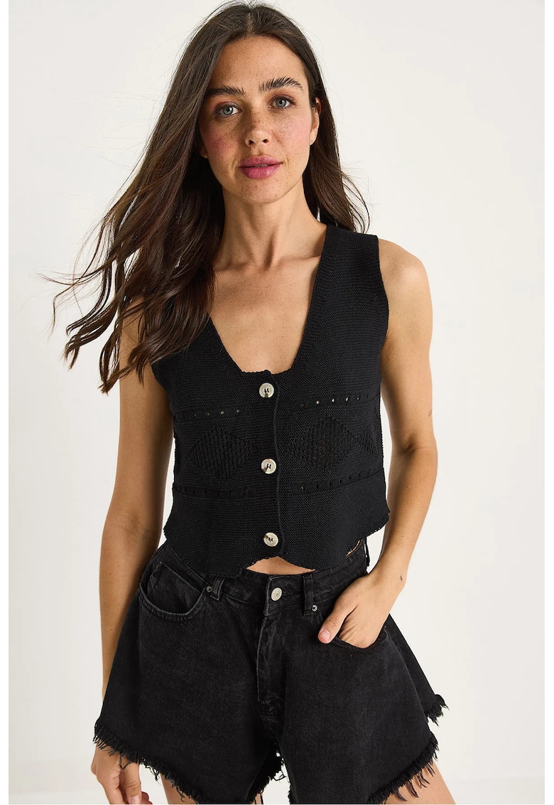 Vesta scurta - texturata - decolteu in V - neagra - tricot -