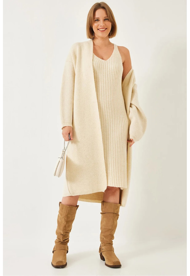 Set doua piese -  cardigan cu decolteu in V - tricot texturat - bej -