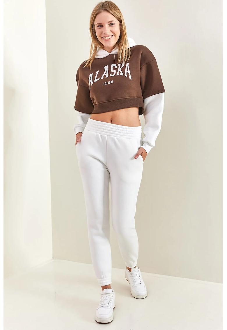 Set de trening pentru femei - hanorac scurt cu gluga si pantaloni skinny - maro - bumbac