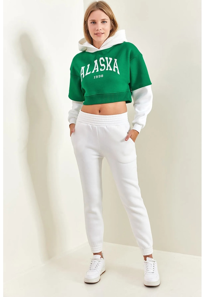 Set de trening pentru femei - hanorac scurt cu gluga si pantaloni skinny - verde - bumbac