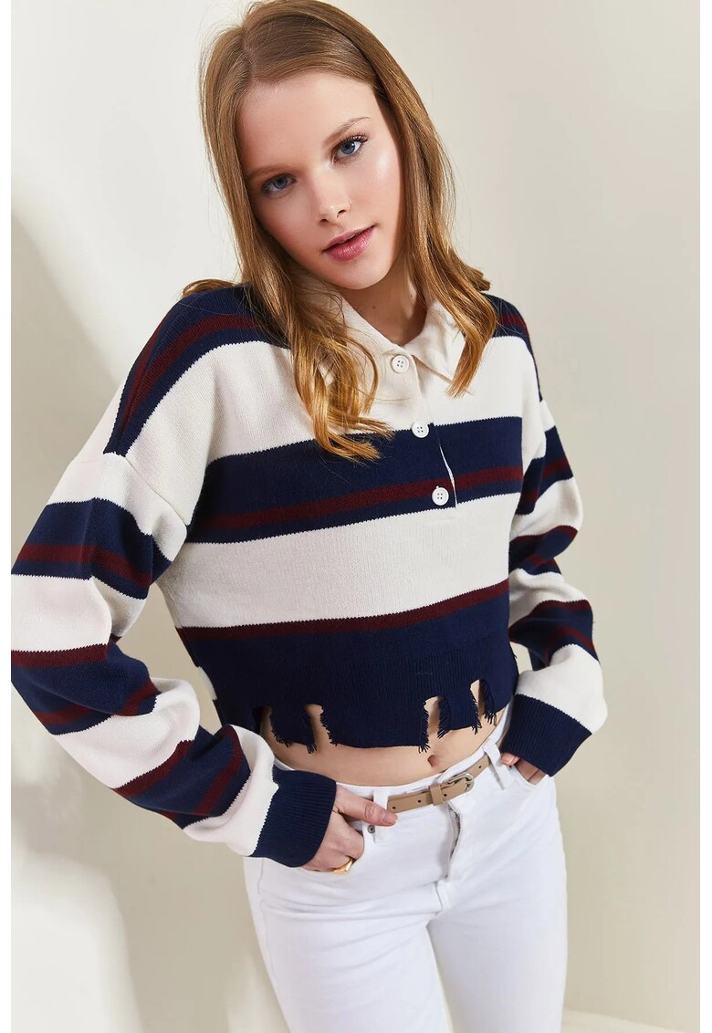 Pulover scurt cu dungi guler elegant - multicolor - tricot -