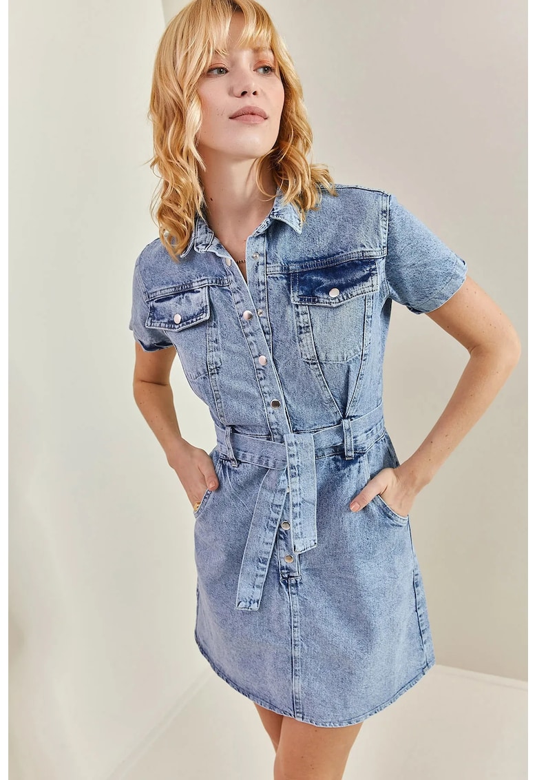 Rochie mini din denim  cu guler camasa - curea - albastru - fabricata din denim