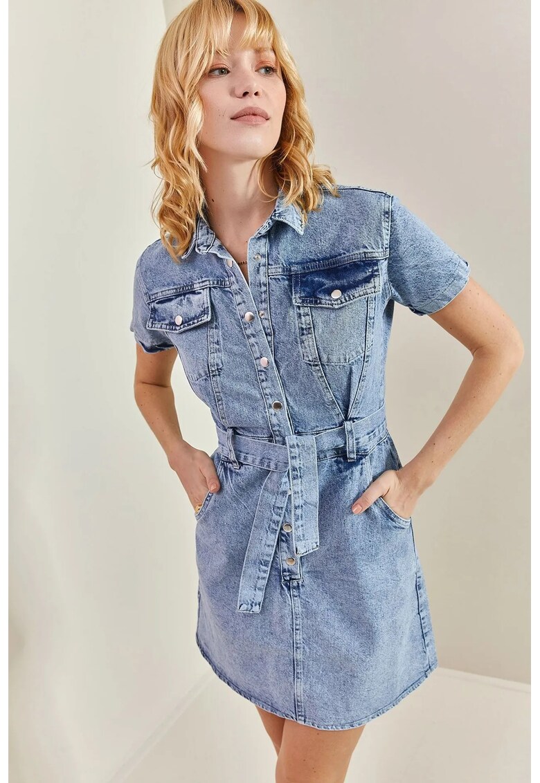 Rochie mini din denim cu guler camasa - curea - albastru - fabricata din denim