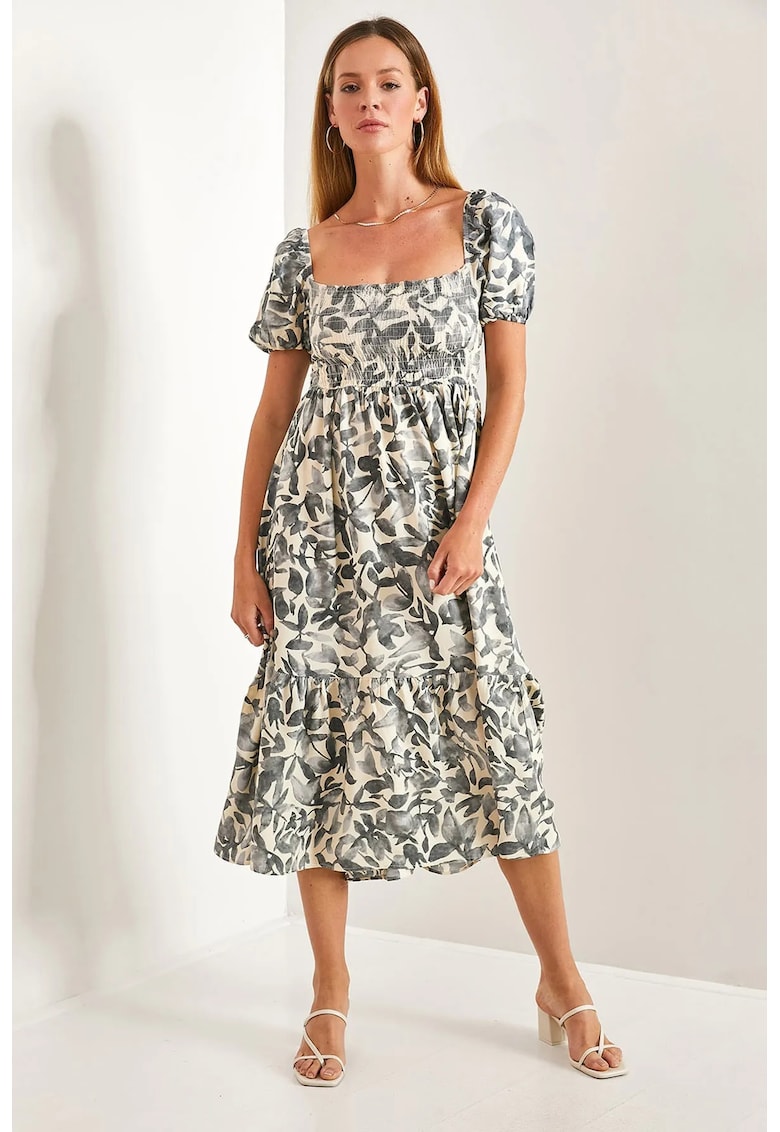 Rochie midi -  imprimeu floral - guler patrat - gri - viscoza