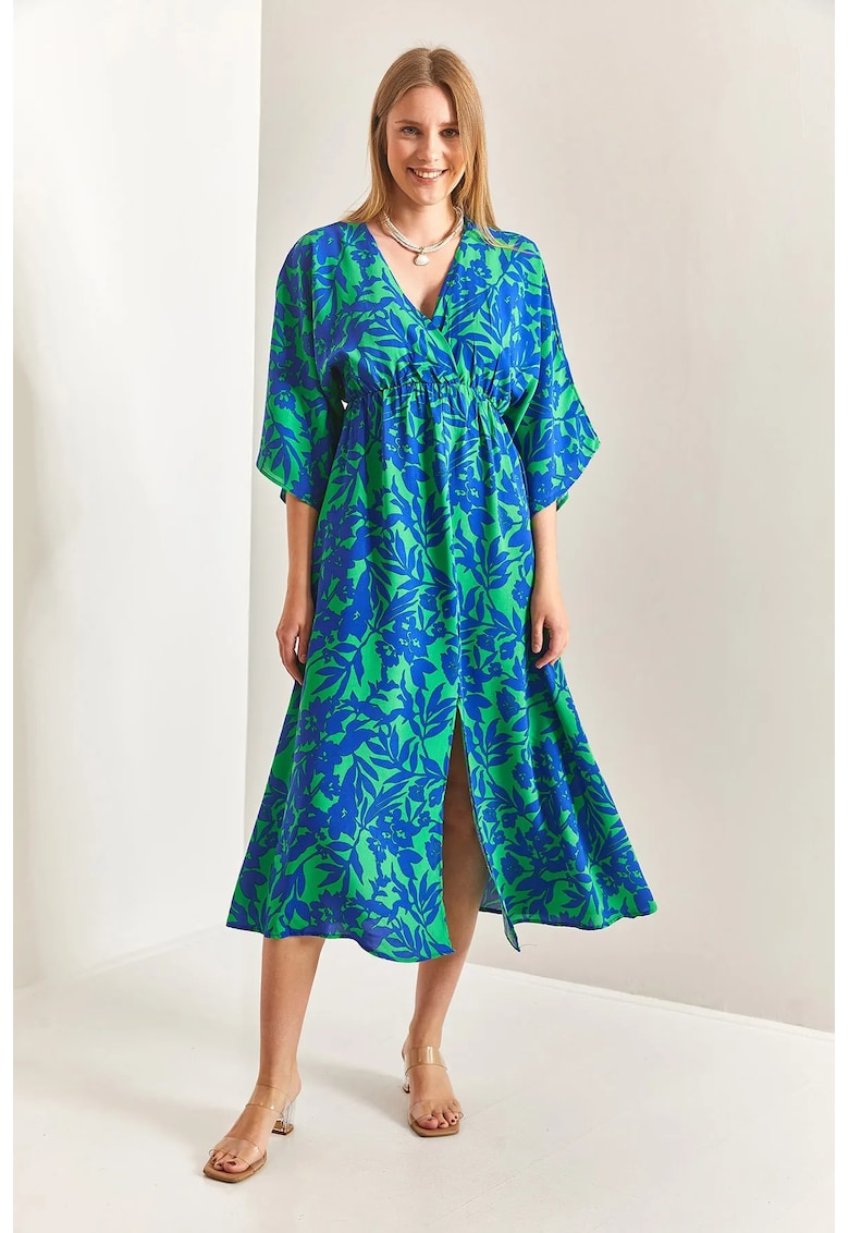 Rochie maxi dama decolteu in V - imprimeu floral - viscoza - albastru/verde - Rochie maxi dama decolteu in V - imprimeu floral - viscoza - albastru/verde -