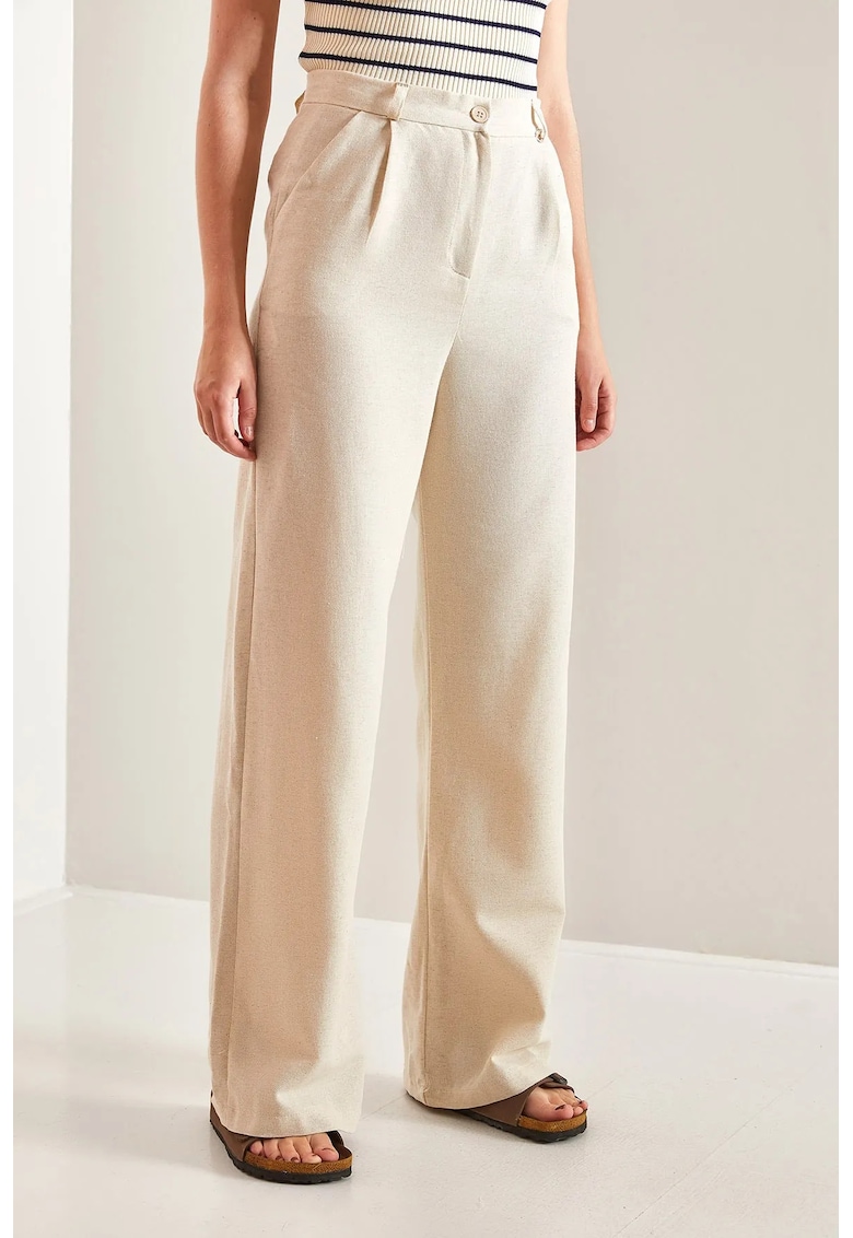 Pantaloni dama - Palazzo cu talie inalta si pliuri - crem - bumbac -