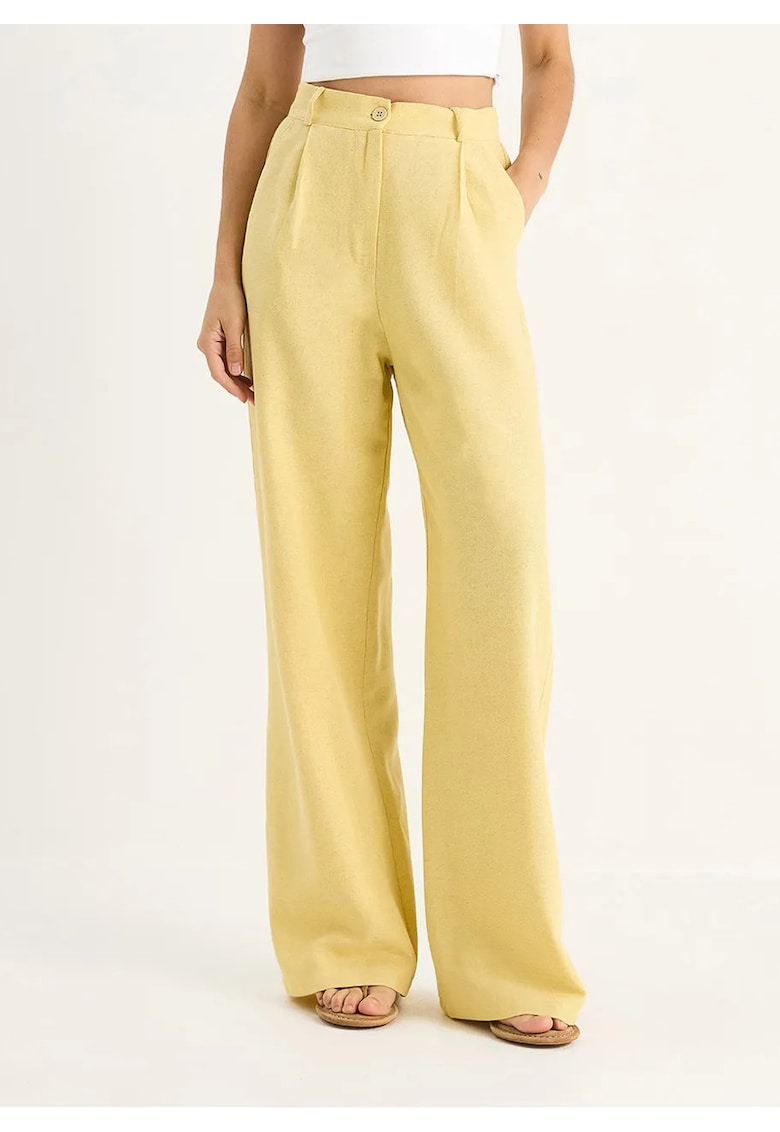 Pantaloni dama -  Palazzo cu talie inalta - galben - bumbac
