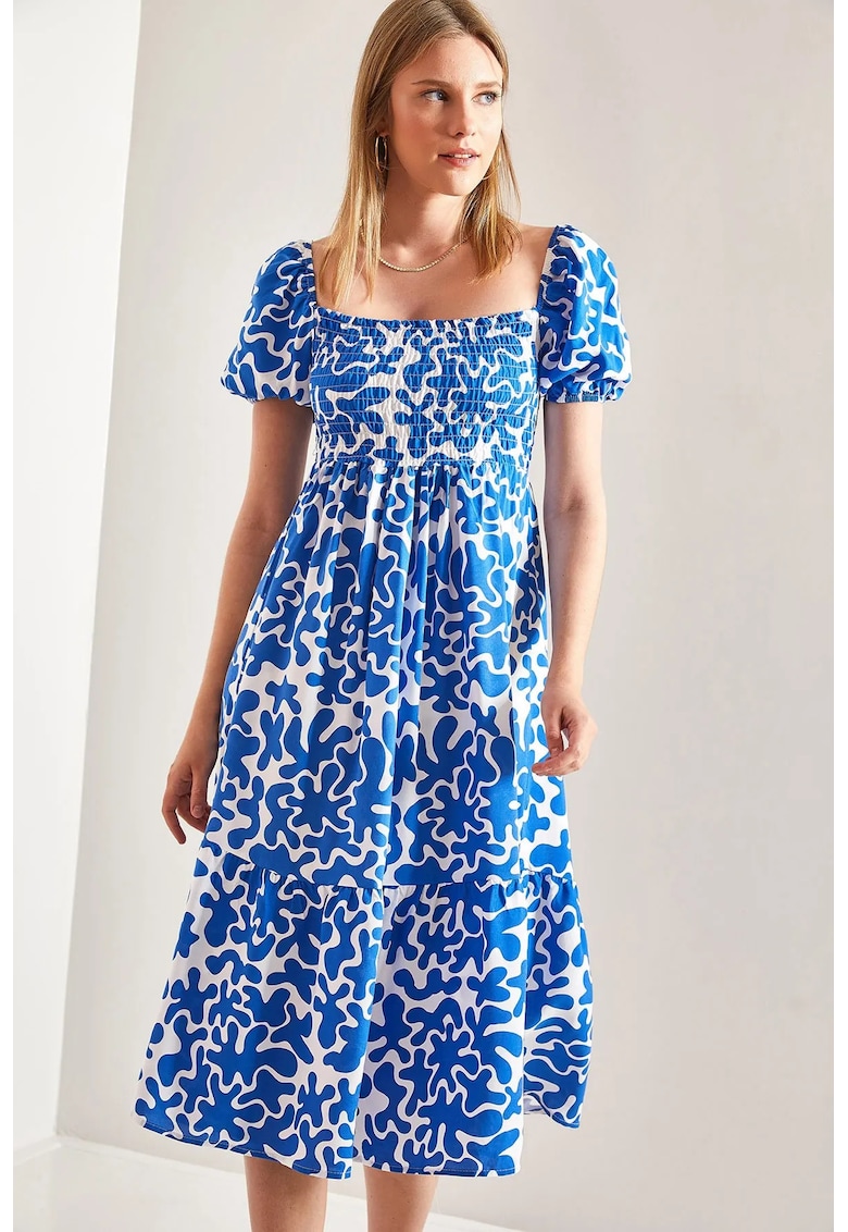 Rochie midi - HiCCUP - guler patrat - smocked - albastru - textil - Albastru