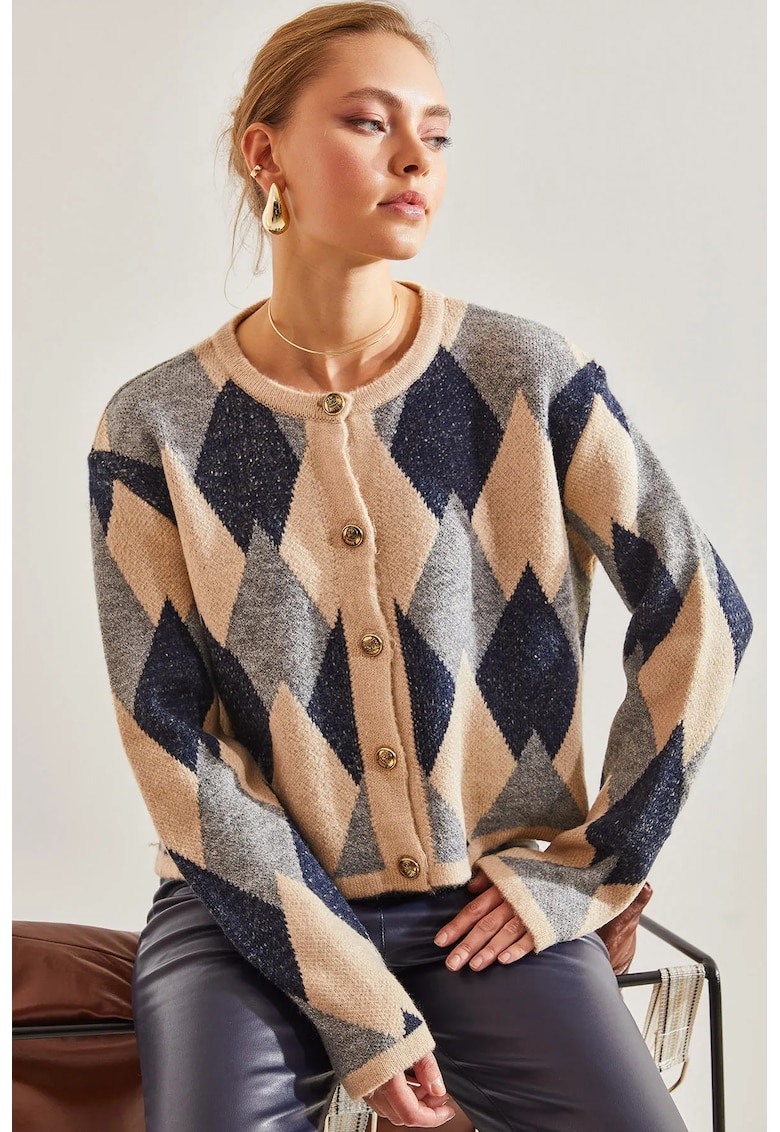 Cardigan scurt cu nasturi -  imprimeu geometric - multicolor - tricot -