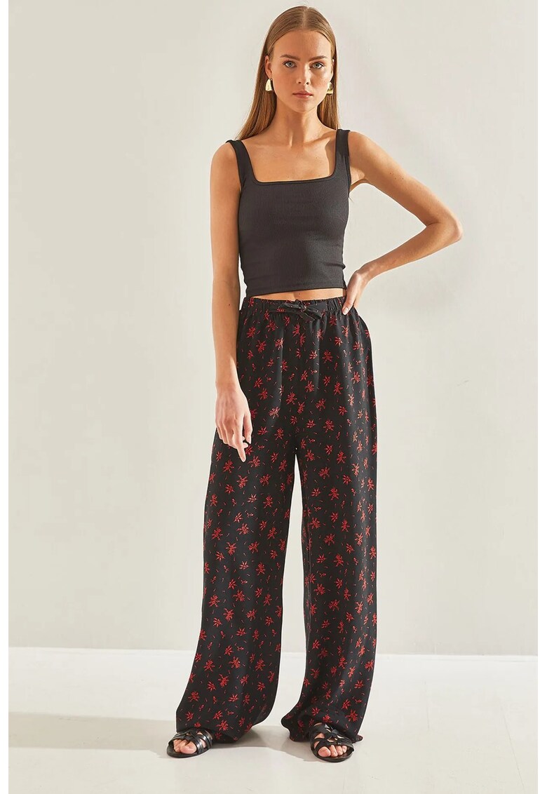 Pantaloni dama - largi cu imprimeu abstract - negru/rosu - viscoza