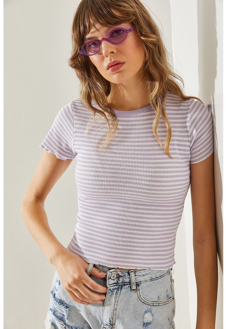 Tricou dama -  cu maneca scurta - guler rotund - dungi - lila alb - lycra si bumbac