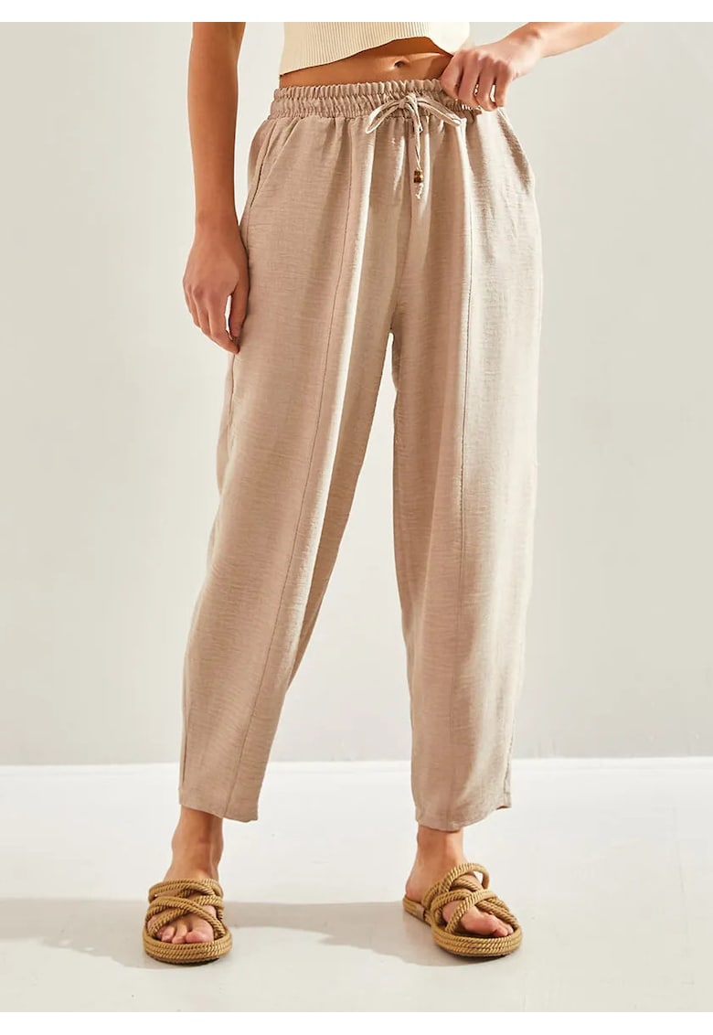 Pantaloni dama - HiCCUP - Relaxed Fit - talie elastica - bej - bumbac