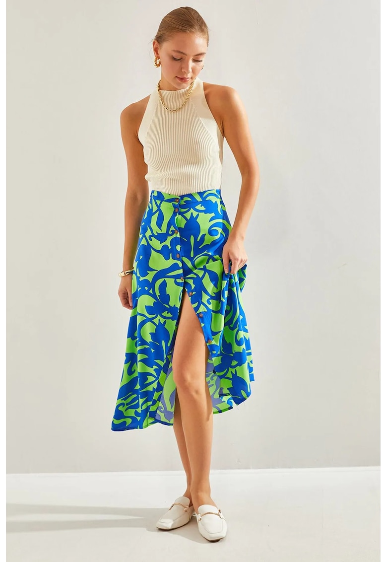 Fusta midi cu model - multicolor - viscoza - inchidere cu nasturi